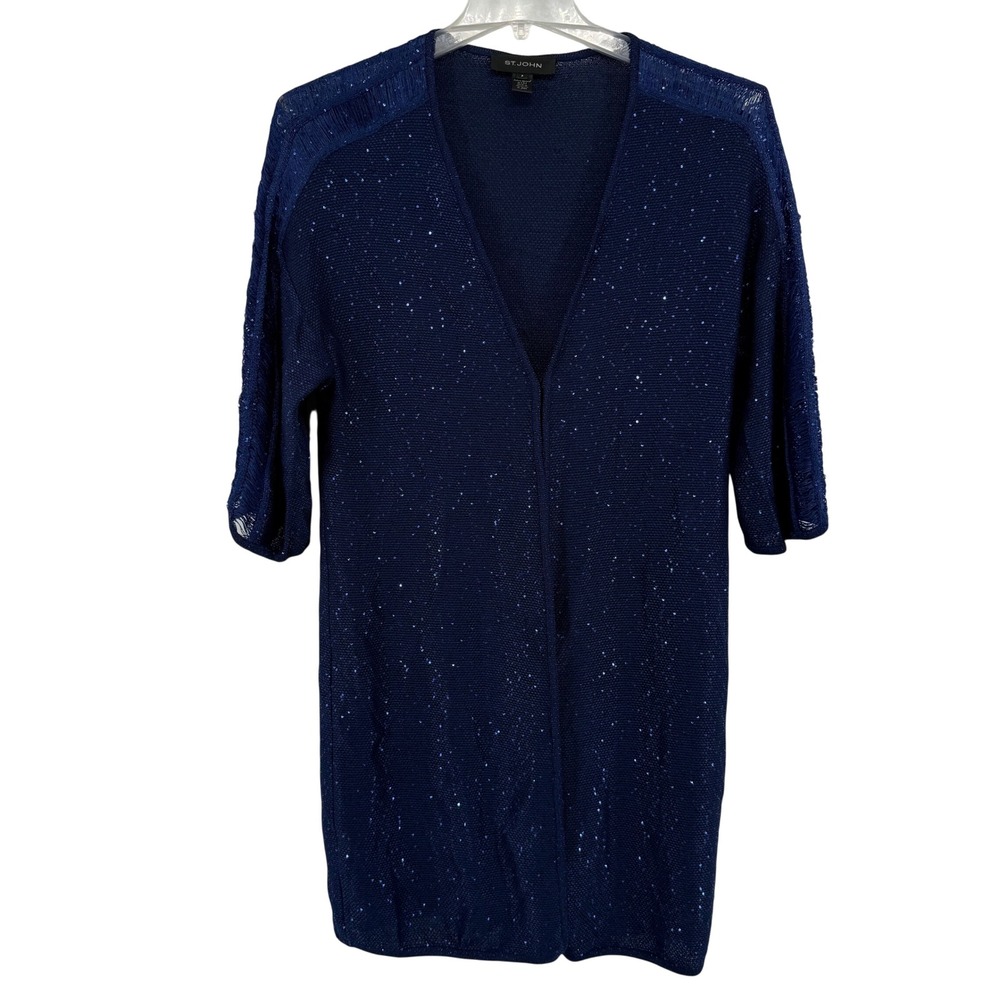 St John Navy Blue Sequin Knit Open Front Long Cardigan Sweater Jacket Size Small